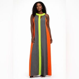 Colorblock Neon Green Gray Orange Maxi Dress Sleeveless Statement Dress